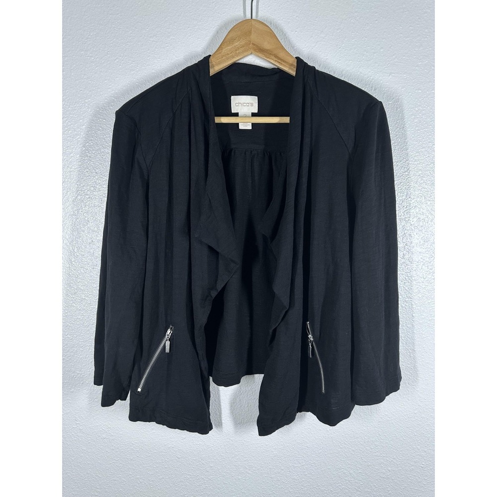 Chicos Jacket Womens 2 Black Open Front Draped Cardigan Zip Pockets Lightweight